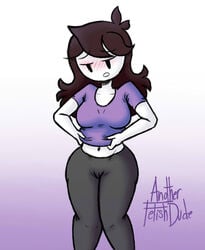 anotherfetishdude belly_button big_breasts black_pants blush brown_hair female fully_clothed jaiden jaiden_animations lifting_shirt looking_down open_mouth purple_shirt signature thick_thighs white_skin youtube