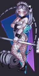 1girls ass big_ass black_fingernails bloody_marie blue_fire blush breasts bunnysuit female fishnets gray_hair hakainoika red_eyes skullgirls solo thick_thighs thigh_squish thighs twintails