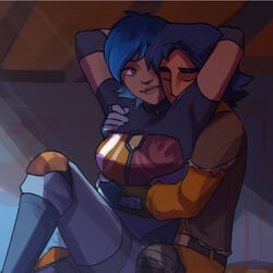 armor arms_up artist_name closed_eyes clothed clothing cuddling ezra_bridger fingerless_gloves from_behind fully_clothed gloves happy hugging hugging_from_behind indoors mandalorian mandalorian_armor romantic sabine_wren sitting smile star_wars star_wars_rebels wholesome