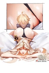 1boy 1girls aether_(genshin_impact) ass ass_up blonde_hair g-string genshin_impact hu_dako light-skinned_female light-skinned_male light_skin ningguang_(genshin_impact) painted_nails panties red_eyes thick_ass vaginal_penetration white_hair