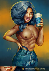 abdominals abs blue_background blue_hair bulge clothed clothing coffee coffee_mug dark_skin digital_media_(artwork) erection eyelashes femboy femmeboys gay green_eyes hair hi_res highres human jugganaut jugganaut_freak lipstick long_hair looking_at_viewer make_up makeup muscular_male penis penis_bulge penis_under_clothes simple_background smile solo standing teeth testicles thick_thighs uncensored very_long_hair yaoi