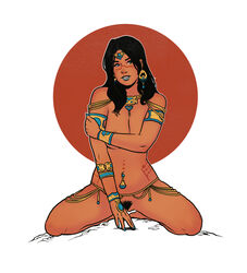 1girls a_princess_of_mars areola arm_band barsoom black_hair blue_eyes blue_lipstick breasts dark_hair dejah_thoris earrings headband jewelry john_carter_of_mars kneeling navel_piercing necklace numitor painted_nails piercing pubic_hair pussy solo tan_skin