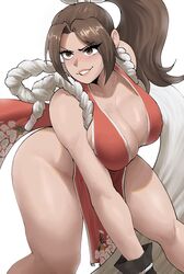 1girls 2021 bare_legs breasts brown_hair cleavage echosaber fatal_fury female female_focus female_only hi_res hips huge_breasts king_of_fighters kunoichi leaning_forward long_hair long_ponytail mai_shiranui ninja ponytail red_clothing revealing_clothes rope_belt side_slit smile snk solo street_fighter thick_thighs thighs very_high_resolution wide_hips