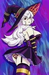 1girls alternate_costume ass back back_view bare_back breasts clothed clothing corrin_(female)_(halloween)_(fire_emblem) corrin_(fire_emblem) corrin_(fire_emblem)_(female) female fire_emblem fire_emblem_fates garter_straps halloween halloween_costume hat johncaden lipstick long_hair looking_back medium_breasts nintendo panties pantyshot purple_panties red_eyes red_lipstick sideboob smile solo striped_panties thighhighs upskirt white_hair witch witch_hat yellow_panties