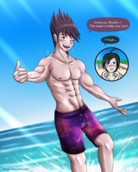 2boys abs beach danganronpa danganronpa_v3 kaito_momota male male_only momota_kaito muscles saihara_shuuichi shirtless shirtless_(male) shuichi_saihara straight_hair