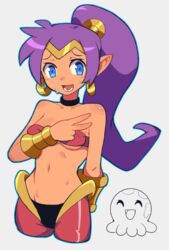 1girls belly_button bikini bikini_top blue_eyes choker clothed earrings female long_hair nervous peace_sign pointy_ears ponytail purple_hair shantae shantae_(character) slammo smooth_skin solo solo_female sweat sweatdrop sweating tan_skin tied_hair