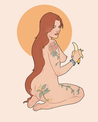 1girls areolae ass banana barefoot breasts brown_hair feet food from_behind green_eyes kneeling long_hair looking_at_viewer looking_back medium_breasts nipples numitor soles solo tattoo