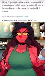 1girls alice_(peonypetals) angry angry_face apron black_hair demon demon_girl english_text eyelashes fangs female female_focus female_only holding_object horns huge_breasts humanoid iced_latte_with_breast_milk lizielewddle lizielewddle_(character) long_hair looking_at_viewer meme naked naked_apron nipple_bulge peonypetals red_nipples red_skin voluptuous yellow_eyes