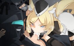 1boy 1girls animal_ears arknights blonde_hair blowjob blue_eyes blush censored clothed cum edamame1555 hat light-skinned_female light-skinned_male light_skin looking_at_viewer sweat tail whislash_(arknights)