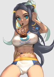 1girls abs alternate_skin_color aqua_eyes aqua_hair armlet belly_chain birkai blue_hair breasts bubble_tea bubble_tea_challenge covered_erect_nipples cowboy_shot creatures_(company) crop_top drink drinking_straw earrings female game_freak gym_leader hair_ornament hi_res high_resolution highres hoop_earrings jewelry light-skinned_female medium_breasts midriff navel nessa_(pokemon) nintendo pokemon pokemon_(game) pokemon_ss shorts solo sportswear toned