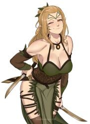 big_breasts breasts cleavage elf elf_ears elf_female elf_girl elves fantasy female female_focus female_only frostypersimmons hair large_breasts simple_background wardancer warhammer_(franchise) warhammer_fantasy wood_elf wood_elf_(warhammer)