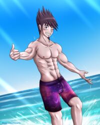 1boy abs beach danganronpa danganronpa_v3 kaito_momota male_only momota_kaito muscles muscular shirtless shirtless_(male) smooth_skin