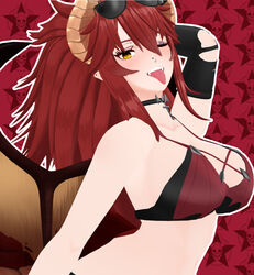 1girls 3d armpits bikini bikini_top blush bra breasts choker cross cross_choker dragon dragon_girl dragon_horns dragon_tail ear_piercing fangs female female_only gold_eyes golden_eyes horns large_breasts long_hair midriff navel nose_piercing official official_art one_eye_closed piercing ponytail pose red_hair ripped_clothing seductive seductive_pose side_view sideboob solo sunglasses sunglasses_on_head tail thick_eyelashes tongue tongue_out twitter upper_body virtual_youtuber vshojo wings yellow_eyes zentreya