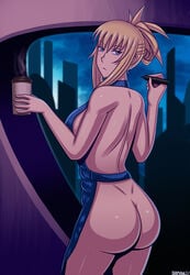 apron ass barista coffee female iced_latte_with_breast_milk looking_at_viewer meme metroid naked nintendo nude samus_aran sideboob solo tagme walkingdeadmann