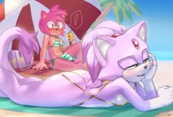 1futa 1girls 2021 amy_rose anthro ass balls beach being_watched big_breasts big_penis bikini blaze_the_cat breasts bulge clothed clothing duo erect_penis erection exposed_bulge feline female female_focus furry futa_on_female futanari hedgehog krazyelf mostly_nude on_stomach outdoors outside penis pink_fur pink_hair purple_fur purple_hair sitting sonic_(series)