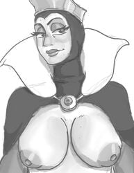 1girls artist_name big_breasts character_name copyright_name crown disney disney_villains female female_focus female_only looking_at_viewer mature_female monochrome nipples puffy_nipples seanmalikdesigns sketch snow_white_and_the_seven_dwarfs the_evil_queen