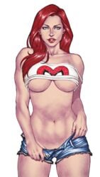 1girls blue_eyes carlos_braga color colored drawingthings12 edit female female_only jean_shorts lipstick long_hair looking_at_viewer marvel marvel_comics mary_jane_watson navel recolor red_hair short_shorts solo spider-man_(series) tank_top underboob undressing