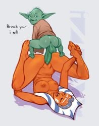 2021 ahsoka_tano animated ass balls cum cum_in_pussy cum_inside cum_on_breasts feet green_skin izra jedi larger_female orange_skin penis sex size_difference spread_legs star_wars the_clone_wars:_season_seven upside-down vaginal_penetration yoda yoda's_species