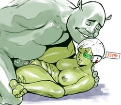 1boy 1girls 2021 barefoot cheelai crossover dragon_ball dragon_ball_super dreamworks eastern_and_western_character feet green-tinted_eyewear green_skin hetero izra larger_male medium_breasts missionary_position naked nude ogre scouter short_hair shrek shrek_(series) size_difference straight straight_sex tinted_eyewear toes vaginal_penetration vaginal_sex weird_crossover white_hair