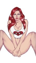 1girls blue_eyes bottomless carlos_braga cleavage color colored covering_crotch drawingthings12 edit female female_only hiding_pussy large_breasts lipstick long_hair looking_at_viewer marvel marvel_comics mary_jane_watson recolor red_hair sitting_down solo spider-man_(series) spread_legs tank_top white_background