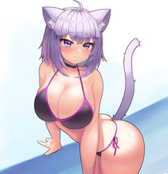 ahoge animal_ears ass bangs big_breasts bikini blush breasts busty cat_ears cat_tail catgirl cleavage female female_only gypsophila hololive hololive_gamers hololive_japan nekomata_okayu okayu_ch. purple_hair solo solo_female swimsuit virtual_youtuber voluptuous