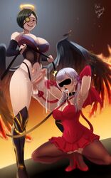1futa 1girls 2women after_fellatio aged_up arms_behind_head balls big_penis black_clover black_wings blindfold blindfolded blindfolded_female censored collar cum cum_in_mouth exposed_balls exposed_penis eye_patch female futa_on_female futanari halo heart_tail intersex leash noelle_silva penis the_amazing_gambit vanica_zogratis wings