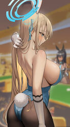 2021 2022 2girls ass ass_focus asuna_(blue_archive) asuna_(bunny)_(blue_archive) back back_view backboob backless_outfit black_hair black_leotard blonde_hair blue_archive blue_eyes blue_leotard blue_ribbon blurry_background blush breasts brown_skin bunny_ears bunny_girl bunny_tail bunnysuit casino character_in_background chocolate_and_vanilla cleaning_&_clearing_(blue_archive) dark-skinned_female dark_skin dongji female female_focus female_only hair_over_one_eye halo hi_res highleg_leotard hips huge_breasts indoors karin_(blue_archive) karin_(bunny)_(blue_archive) large_ass leotard light-skinned_female light_skin long_hair millennium_science_school_student ribbon ribbon_in_hair sheer_legwear sideboob slim_waist solo_focus thick_thighs thighs tights torn_leggings very_high_resolution very_long_hair wide_hips