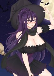 1girls bat blush broom broom_riding cleavage cryptid_crab dress full_moon large_breasts long_hair moon night original ponytail purple_eyes purple_hair scarf smile solo very_long_hair witch witch_hat