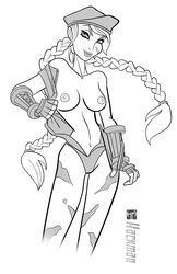 braid cammy_white female gloves hackman hat large_breasts long_braid long_hair monochrome scar solo street_fighter twin_braids undressing