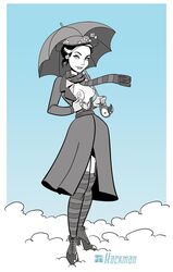 blue_eyes cloud disney edwardian female garter_straps hackman hat large_breasts mary_poppins mary_poppins_(character) monochrome nipples partially_colored scarf shoes short_hair solo striped_socks umbrella