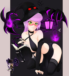 1girls ao1sweet aoitamon armwear belly_button big_breasts black_arms black_armwear black_clothing black_dress black_hat black_stockings book breasts cleavage collarbone disembodied_arms eyebrows_visible_through_hair female female_only glasses green_eyes halloween halloween_costume hat lantern looking_at_viewer on_knees pink_hair purple_fire red_glasses reference_image revealing_clothes roblox roblox_avatar robloxian signature smile solo solo_female spellbook stockings stomach thick_thighs thighs two-tone_background witch witch_hat