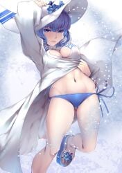 1girls 2d 2d_(artwork) alternate_costume ass_visible_through_thighs bangs bare_legs bikini blue_bikini blue_eyes blue_hair blue_swimsuit breasts cleavage cleavage_cutout coat female female_only fire_emblem fire_emblem_heroes harihisa hat legs medium_breasts nifl_(fire_emblem) nifl_(summer)_(fire_emblem) nintendo official_alternate_costume okobo platform_footwear short_hair smile solo sun_hat swimsuit white_bikini