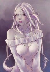 1girls 2017 au_ra bare_shoulders blue_eyes blush breasts cleavage_cutout clothing_cutout female female_only final_fantasy final_fantasy_xiv lips lipstick long_hair medium_breasts off-shoulder_sweater off_shoulder pale_skin parted_lips raen solo soranamae sweater tail upper_body white_hair