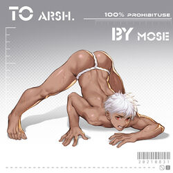 1boy abstract_background ass ass_up back clenched_teeth fundoshi gay jack-o_pose jackochallenge male_only meme mosilll red_eyes solo sweatdrops top-down_bottom-up white_hair