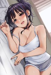 1girls blush breasts choker female hair_bun hairclip igarashi_kyouhei indoors large_breasts light-skinned_female light_skin looking_at_viewer lying_on_side nail_polish on_bed original original_character pillow purple_hair short_shorts shorts steamy_breath tank_top