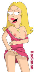 american_dad blonde_hair blonde_pubic_hair breasts erect_nipples eyelashes female francine_smith hackman lipstick long_hair milf necklace open_mouth pink_dress pubic_hair solo