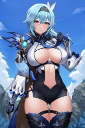 big_breasts blue_hair blush breasts eula_(genshin_impact) eyebrows_visible_through_hair female genshin_impact huge_breasts mihoyo morung outdoors outside thick_thighs thighs two_tone_hair