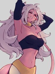 1girls android_21 armpits arms_behind_head arms_up belly_button breasts choker cleavage detached_sleeves dragon_ball dragon_ball_fighterz evil evil_grin from_below glowing_eyes kemachiku long_hair looking_at_viewer majin_android_21 medium_breasts monster_girl pink_skin pointy_ears red_eyes smiling solo solo_female tail tubetop white_hair