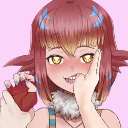 amber_eyes diana_sora dinosaur drool drooling fangs feathers female_focus female_only finger_on_mouth hand_on_mouth heart heart-shaped_pupils kemonomimi mouth_hold open_mouth red_hair shark_teeth sharp_teeth unusual_pupils velociraptor