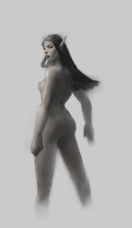 ass back_view black_eyes black_hair boobs_and_butt_pose elf elf_female grey_skin inquisitor jaethal long_ears long_hair looking_at_viewer looking_back nipples nude nude_female pathfinder pathfinder_kingmaker sideboob sketch small_breasts standing suggestive tasteful undead