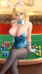 1girls 2021 ahoge alternate_version_available artoria_pendragon artoria_pendragon_(lancer) asuna_(blue_archive)_(cosplay) blonde_hair blue_archive blue_leotard blush bowtie breasts bunny_ears bunny_girl bunnysuit casino cleavage cosplay detached_collar detailed_background fate/grand_order fate_(series) feet_out_of_frame female female_focus female_only gambling gloves green_eyes highleg_leotard hips huge_breasts indoors leotard long_hair long_ponytail looking_at_viewer mature_female outfit_swap poker_chip poker_table ponytail sheer_legwear sitting slim_waist thick_thighs thighs tights wide_hips yamaneko_(tkdrumsco)