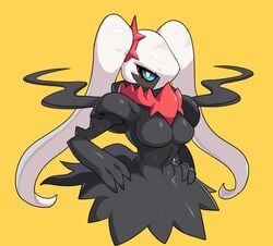 1girls 2021 blue_eyes blush blushing breasts cute darkrai drunkoak legendary_pokémon legendary_pokemon pokemon pokemon_(species) pokemon_focus rule_63 simple_background solo solo_female tagme twintails white_hair yellow_background