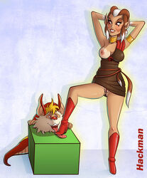 brown_hair dress hackman heels male no_bra no_panties one_breast_out pointy_ears pumyra red_eyes short_hair snarf stepped_on stepping_on_tongue thundercats