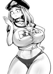 1girls big_breasts bloomers breasts buruma cameltoe camie_utsushimi chiroru eye_contact female greyscale gym_uniform hat huge_breasts large_breasts looking_at_viewer monochrome my_hero_academia shiketsu_high_school_cap solo sports_bra standing thick_thighs thighs tight_clothing wide_hips