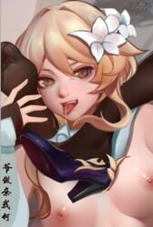 2girls areolae artist_name black_legwear blonde_hair breasts brown_eyes chinese_commentary chinese_text commentary_request dated feet female genshin_impact hair_ornament high_heels keqing_(genshin_impact) legs lumine_(genshin_impact) medium_breasts multiple_girls naughty_face nipples purple_footwear ririko_(fhnngririko) saliva soles yuri