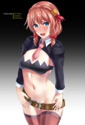 1girls blush bottomless breasts cosplay crossover doki_doki_literature_club eye_contact female fuzzlogik kono_subarashii_sekai_ni_shukufuku_wo! looking_at_viewer medium_hair sayori_(doki_doki_literature_club) solo standing thick_thighs thighhighs thighs twin_braids yunyun_(konosuba)_(cosplay)