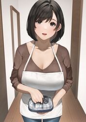 1girls apron bangs bento_box big_breasts black_eyes black_hair blush breasts brown_shirt dark_eyes female female_focus food fully_clothed housewife indoors large_breasts looking_at_viewer married_woman mature_female milf original original_character parted_lips safe sakuranotomoruhie short_hair swept_bangs white_apron wife