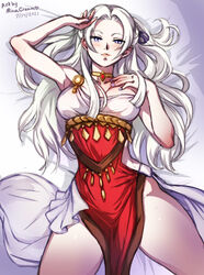 1girls 2021 alternate_costume armpits artist_name bare_arms bare_shoulders bare_thighs blue_eyes breasts choker commentary cowboy_shot dancer dancer_(three_houses) dated dress edelgard_von_hresvelg female fire_emblem fire_emblem:_three_houses long_hair looking_at_viewer lying medium_breasts minacream nail_polish nintendo on_back on_bed pelvic_curtain purple_eyes purple_nails smile solo thighs watermark white_hair