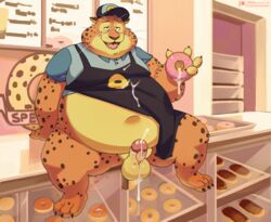 1boy 2021 anthro apron balls belly benjamin_clawhauser bodily_fluids cheetah clothing cum dessert disney doughnut doughnut_fucking ejaculation fat fat_man felid feline food genital_fluids genitals hat headgear headwear hi_res humanoid_genitalia humanoid_hands humanoid_penis inside male male_only mammal mikrogoat navel obese obese_male overweight overweight_male penis shirt sitting solo topwear zootopia