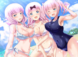 3girls :d ;d armpits asymmetrical_docking bangs beach bikini black_swimsuit blue_eyes blue_mizugi blunt_bangs blush bow braid breast_press breasts cleavage covered_navel dated day dutch_angle eyebrows_visible_through_hair female female_only floral_print fujiwara_chika fujiwara_moeha fujiwara_toyomi hair_over_shoulder hairbow hi_res high_resolution highres human kaguya-sama_wa_kokurasetai_~tensai-tachi_no_renai_zunousen~ large_breasts long_hair looking_at_viewer mizugi multiple_girls navel o-ring o-ring_top one-piece_swimsuit one_eye_closed open_mouth outdoors pink_hair samenoido siblings side-tie_bikini sisters smile sparkle splashing swimsuit twintails water white_bikini